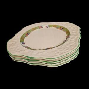 English Brambleberry Bread Plates Set 4 Floral Green Border Embossed Rim